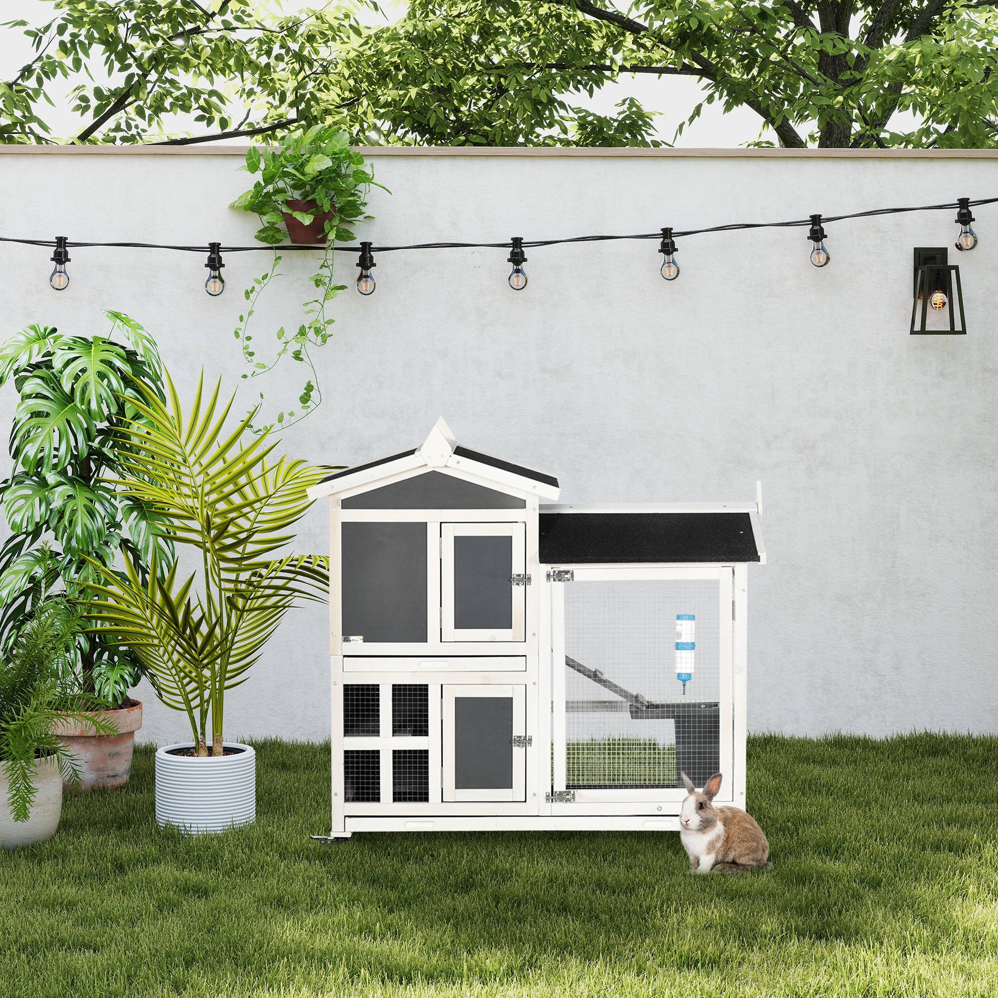 Clapier lapin bois sur roues extérieur 2 niveaux tiroir amovible 110x60x104cm - ComfortXL Outdoor Living - Image 3