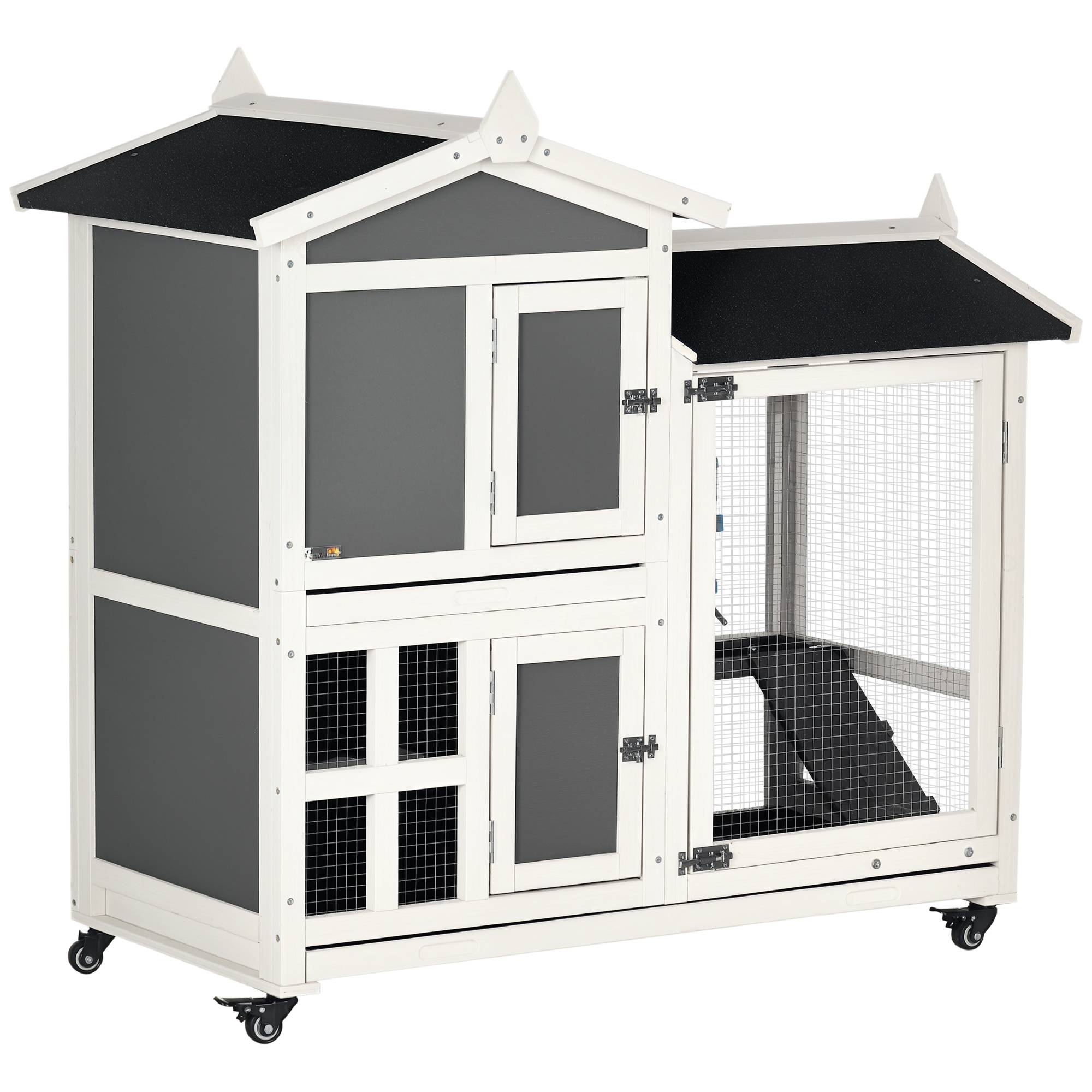 Clapier lapin bois sur roues extérieur 2 niveaux tiroir amovible 110x60x104cm - ComfortXL Outdoor Living - Image 1