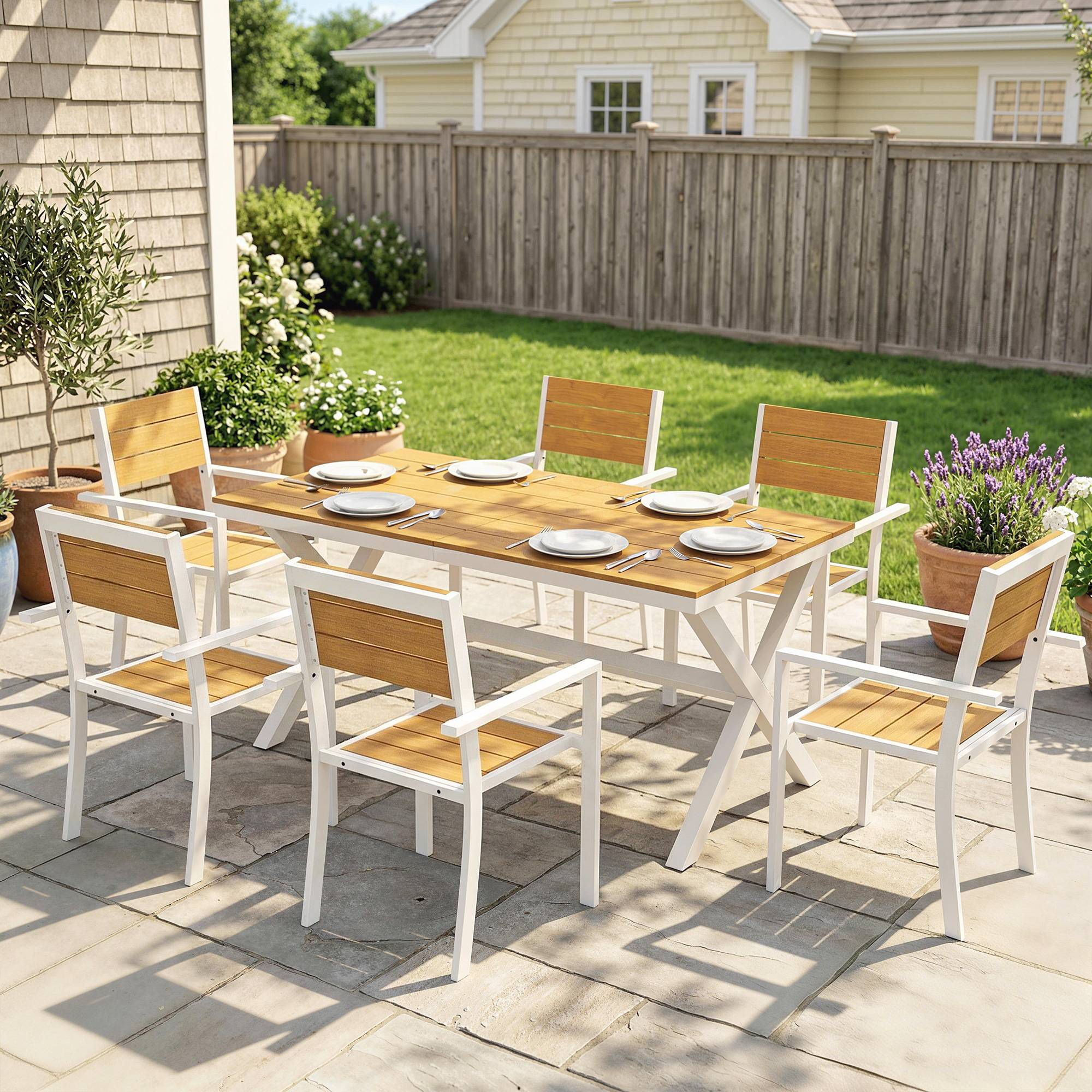 Salon de jardin 7 pièces aluminium et composite imitation bois table 6 chaises empilables - ComfortXL Outdoor Living - Image 4