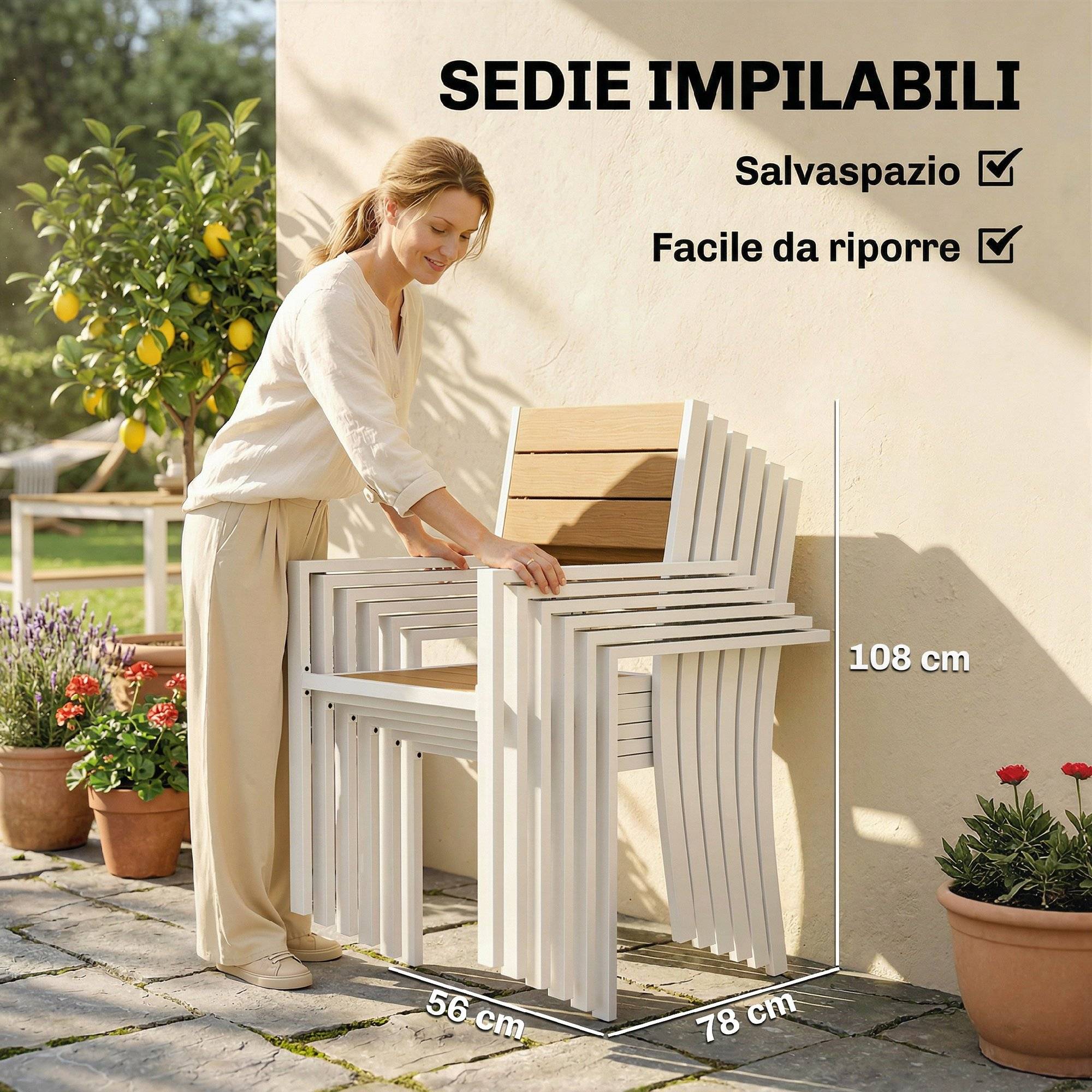 Salon de jardin 7 pièces aluminium et composite imitation bois table 6 chaises empilables - ComfortXL Outdoor Living - Image 8