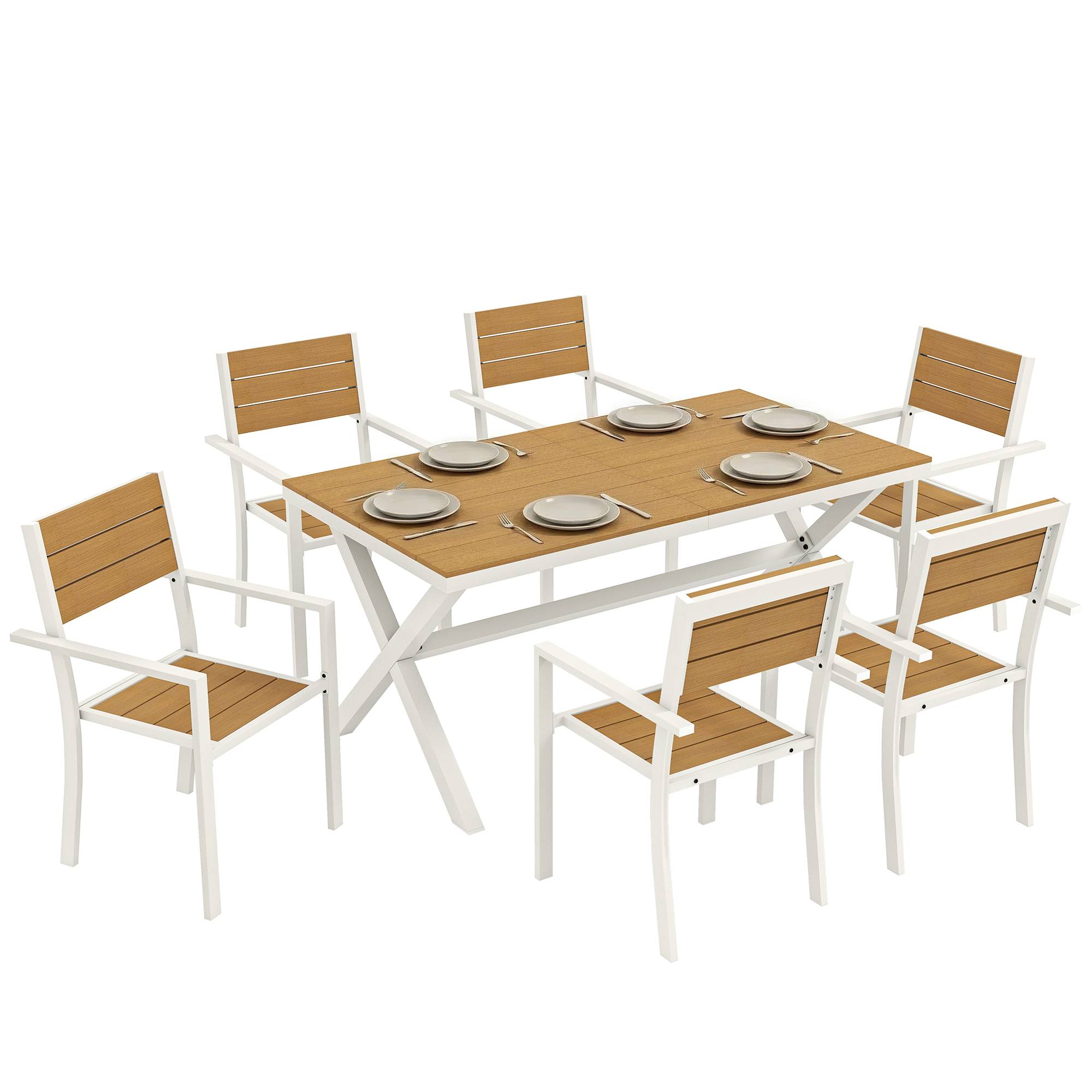 Salon de jardin 7 pièces aluminium et composite imitation bois table 6 chaises empilables - ComfortXL Outdoor Living - Image 1