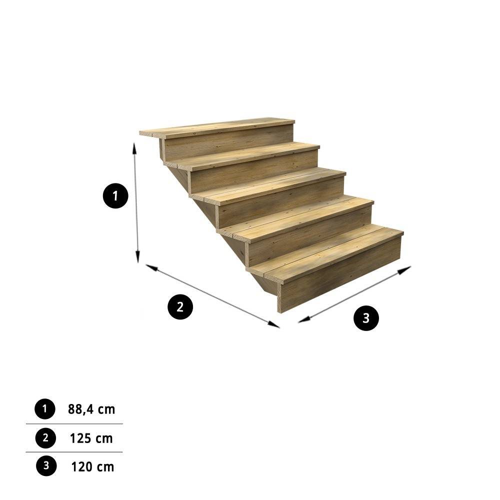Decklinea - Escalier Bois Exterieur - 5 Marches Pleines - Largeur : 1m20 - Hauteur : 85cm - Avec Contremarches - Pin du Nord - Imagen 2