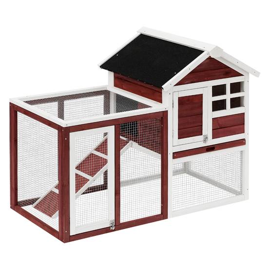 Clapier lapin 2 niveaux bois sapin extérieur avec rampe et tiroir 124x63x93cm rouge - ComfortXL Outdoor Living - Image 1