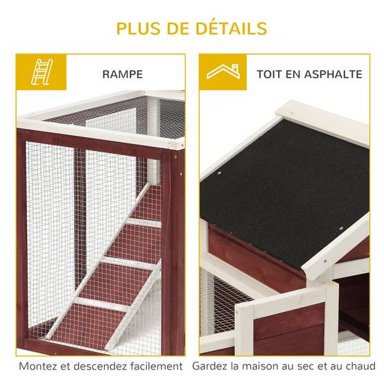 Clapier lapin 2 niveaux bois sapin extérieur avec rampe et tiroir 124x63x93cm rouge - ComfortXL Outdoor Living - Image 9