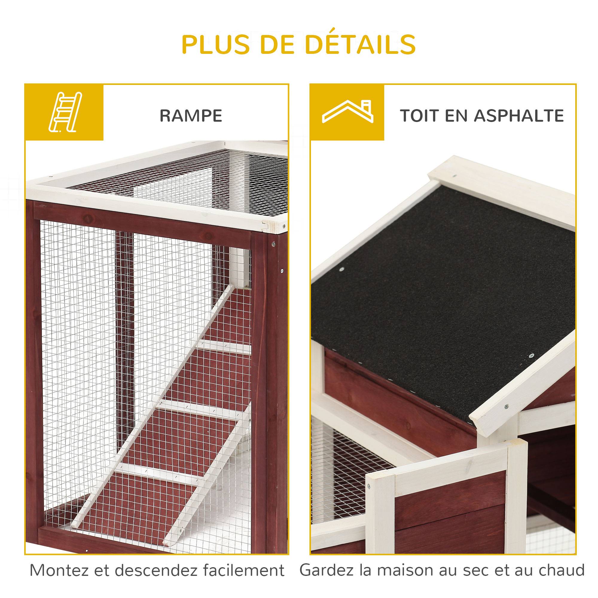 Clapier lapin 2 niveaux bois sapin extérieur avec rampe et tiroir 124x63x93cm rouge - ComfortXL Outdoor Living - Image 9