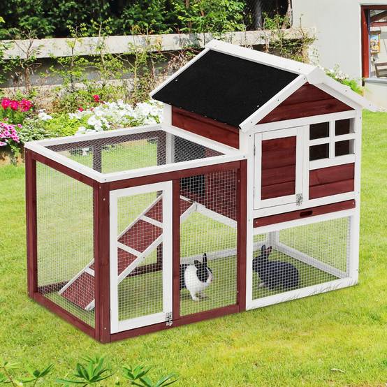 Clapier lapin 2 niveaux bois sapin extérieur avec rampe et tiroir 124x63x93cm rouge - ComfortXL Outdoor Living - Image 4