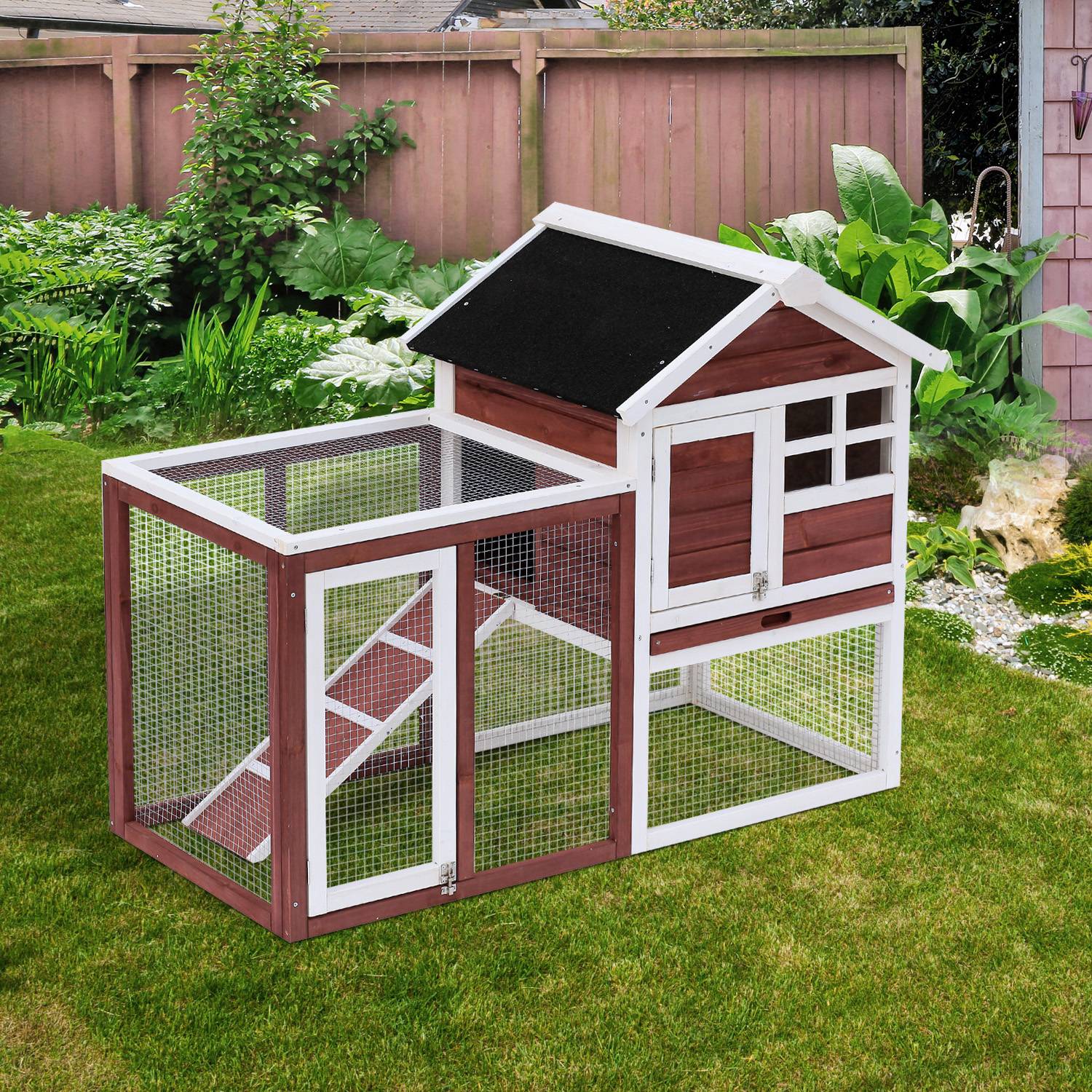 Clapier lapin 2 niveaux bois sapin extérieur avec rampe et tiroir 124x63x93cm rouge - ComfortXL Outdoor Living - Image 3