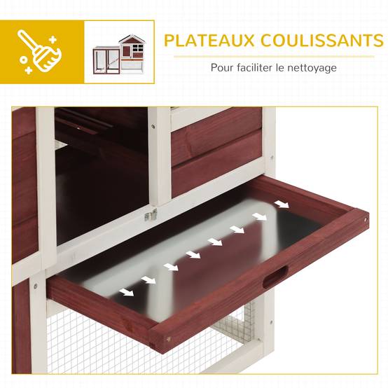 Clapier lapin 2 niveaux bois sapin extérieur avec rampe et tiroir 124x63x93cm rouge - ComfortXL Outdoor Living - Image 8
