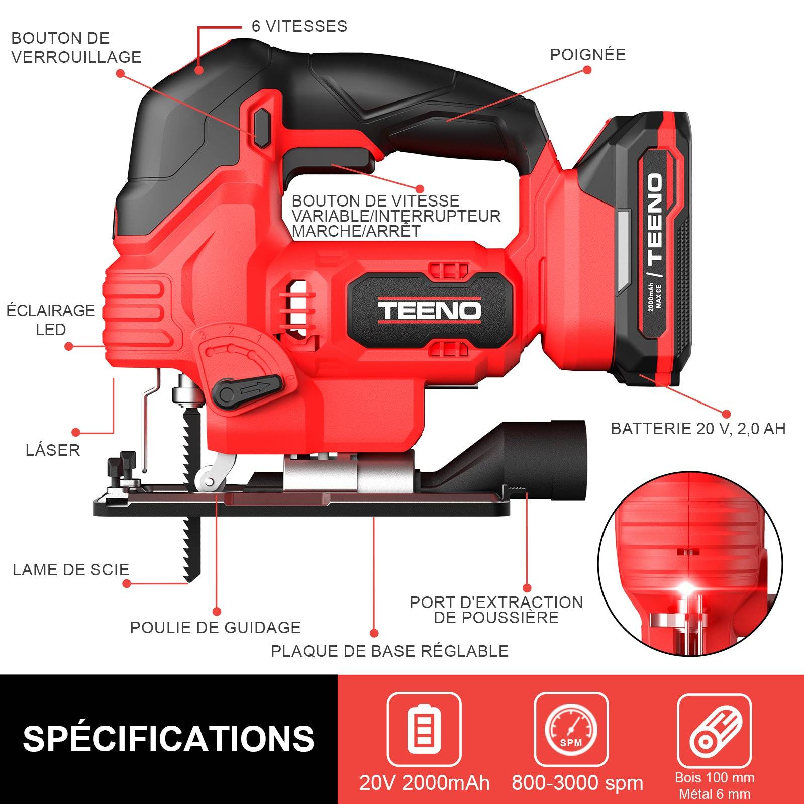 Scie Sauteuse Sans Fil pour Batterie Makita 20 V, 800-3000 SPM Scie Sauteuse Laser avec 5 lames, Inclinaison ± 45°, 6 vitesses, LED, coupe du - Image 2