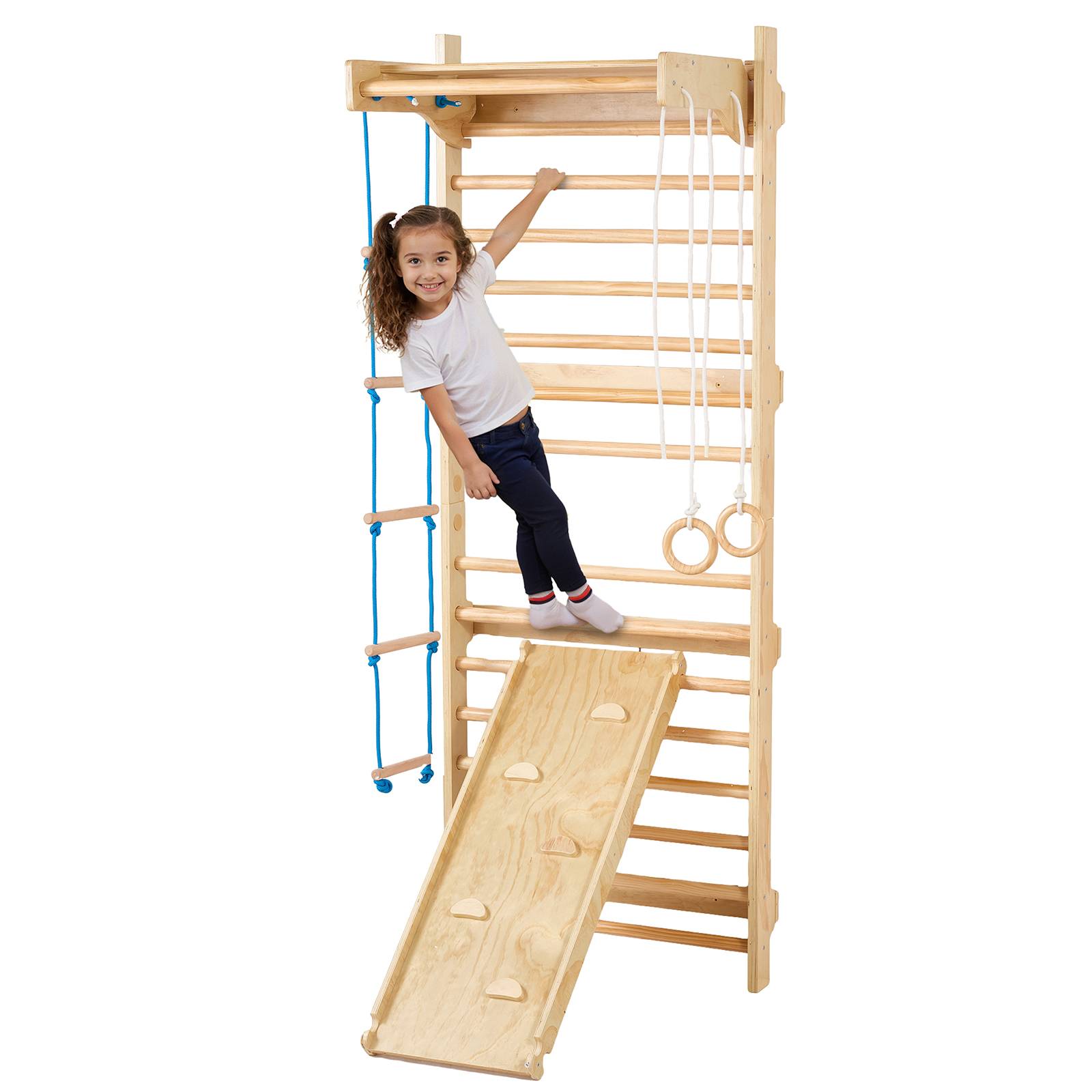 VEVOR Échelle murale suédoise bois 5-en-1. Barre traction, anneaux. Charge 220 lb. - Image 1