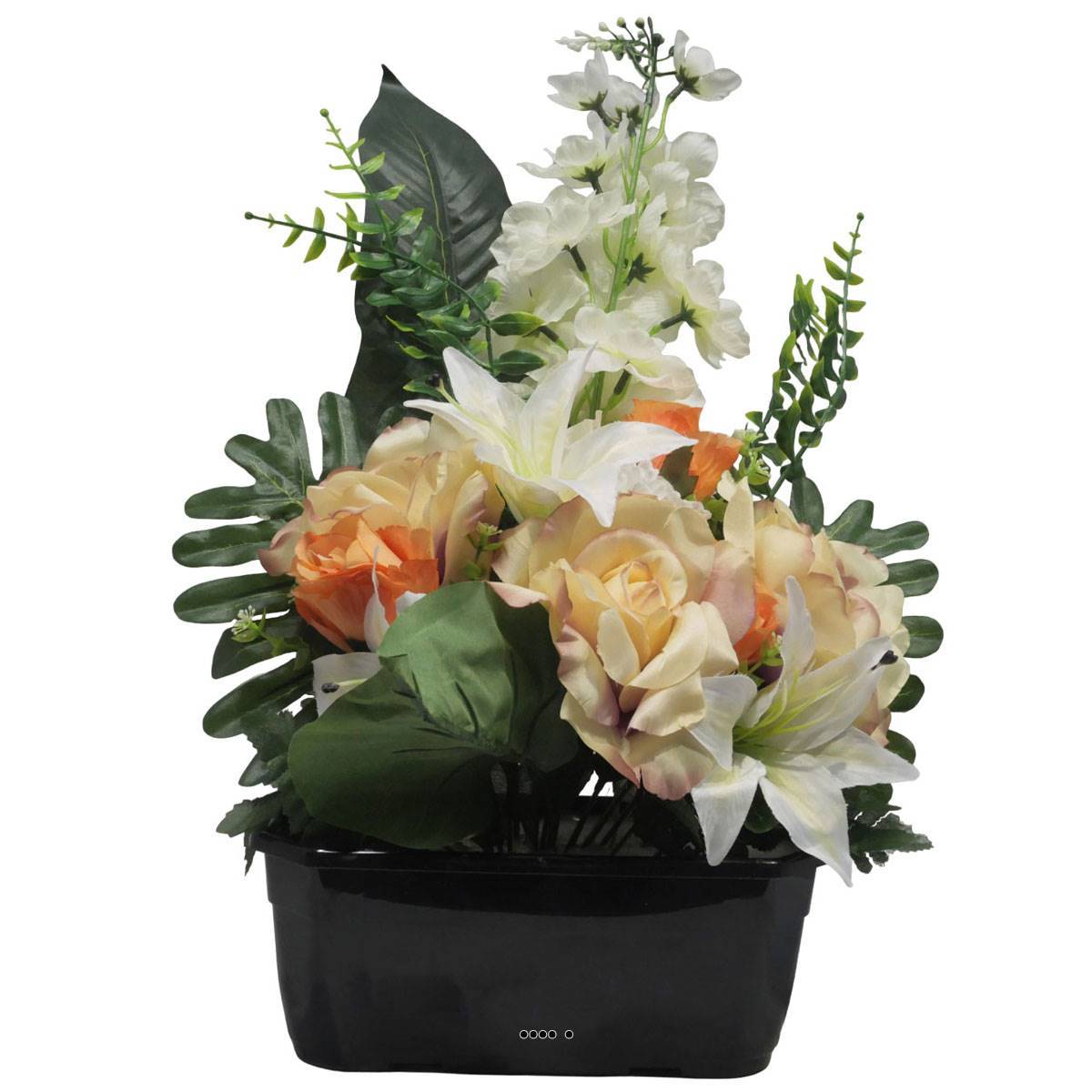 Artificielles - Jardinière fleurs artificielles pour les tombes Rose, bouton de Rose, Lys et Delphinium Orange - couleur: Orange - Imagen 1