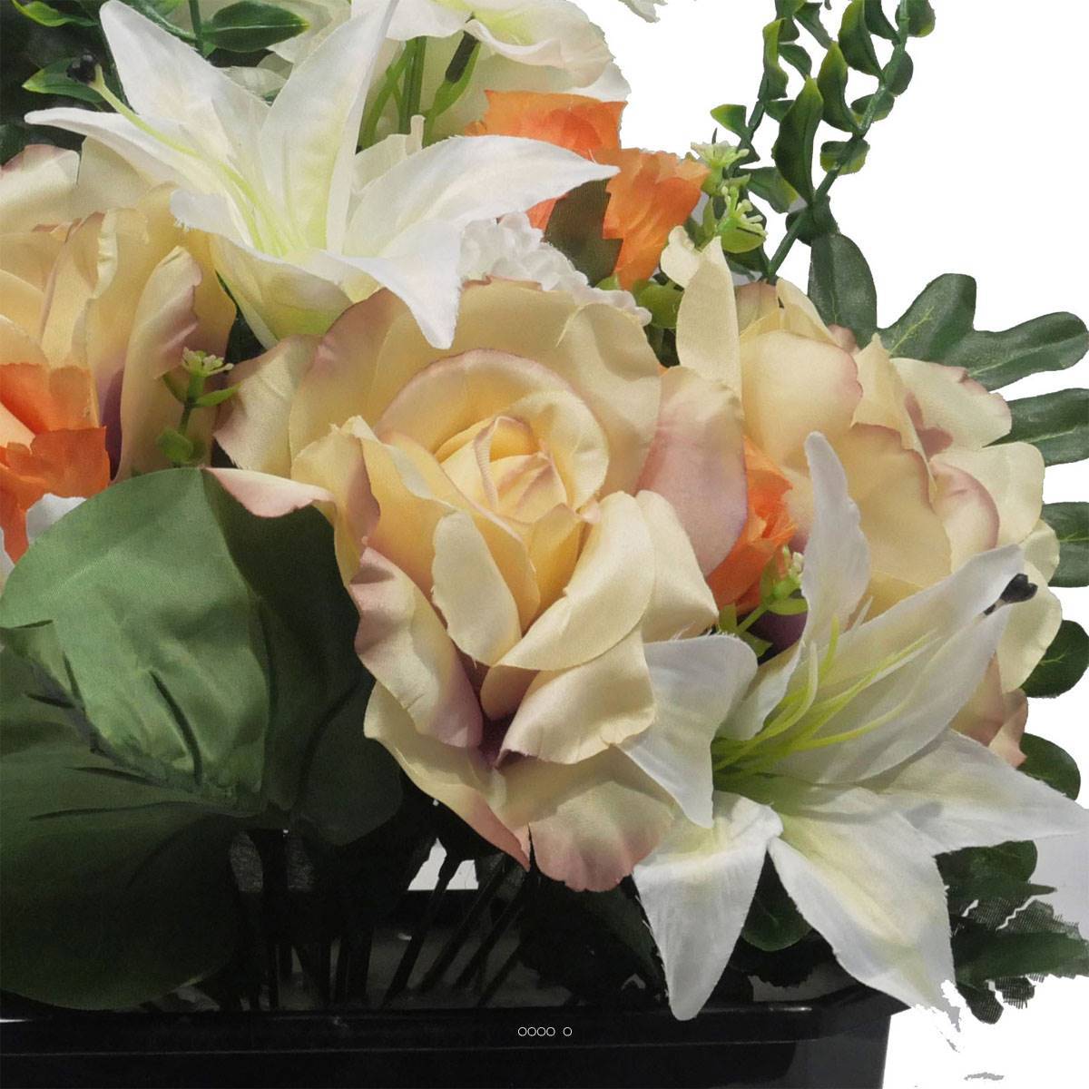 Artificielles - Jardinière fleurs artificielles pour les tombes Rose, bouton de Rose, Lys et Delphinium Orange - couleur: Orange - Imagen 3