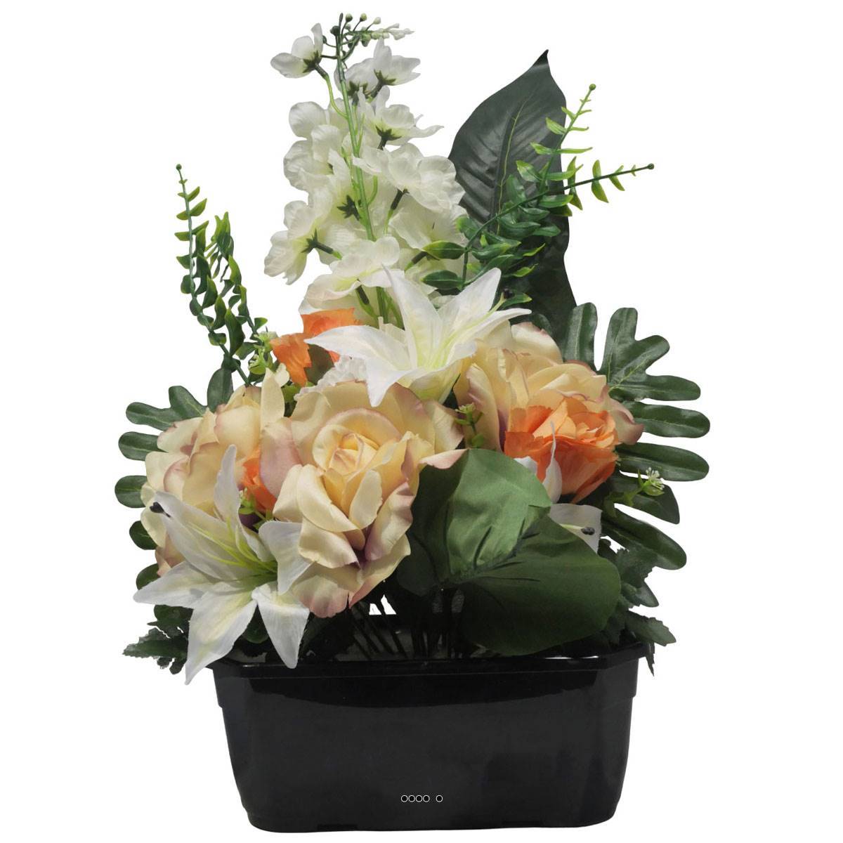 Artificielles - Jardinière fleurs artificielles pour les tombes Rose, bouton de Rose, Lys et Delphinium Orange - couleur: Orange - Imagen 2