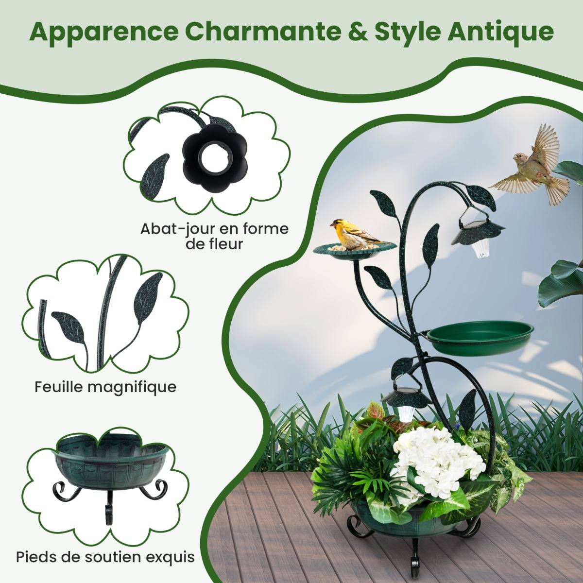 Abreuvoir Oiseaux Énergie Solaire 83CM Bain d'Oiseaux et Mangeoire sur Pied avec Support pour Fleurs et LED Décoratif Bronze MAISON CHIC - Image 7