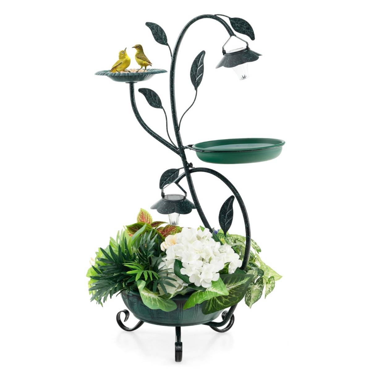 Abreuvoir Oiseaux Énergie Solaire 83CM Bain d'Oiseaux et Mangeoire sur Pied avec Support pour Fleurs et LED Décoratif Bronze MAISON CHIC - Image 1