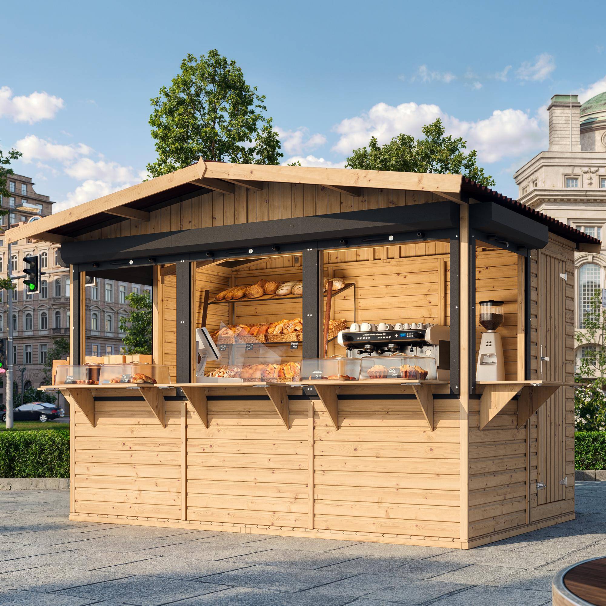 Timbela - Maison de jardin en bois 263 x 336 cm / 6 m² - Étal de marché en bois avec comptoir - Bar jardin - 17 mm d’épaisseur - Timbela M150BZ - Image 1