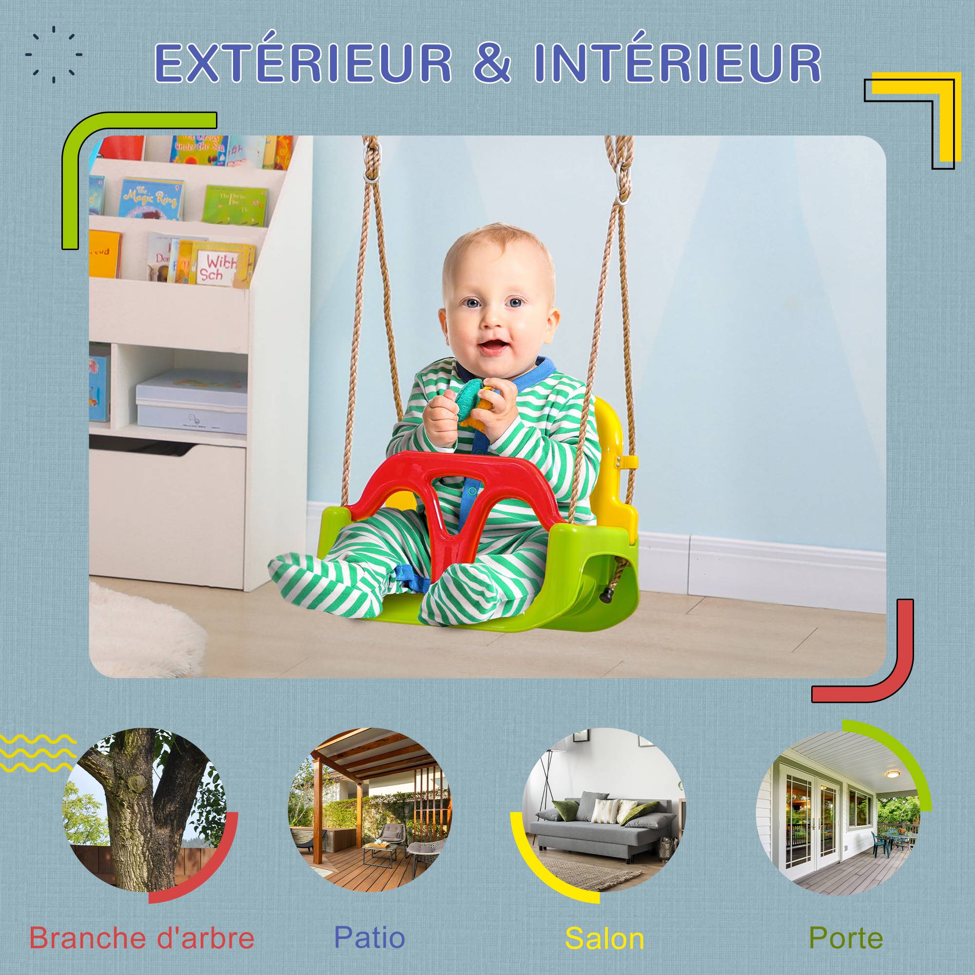 Balançoire siège 3 en 1 évolutif pour enfant avec dossier et barre en T amovibles intérieur extérieur hauteur ajustable - Image 9