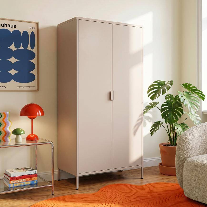 Sicaan Armoire industrielle en métal H.170cm 2 portes, 4 étagères, 2 penderies beige - THEA