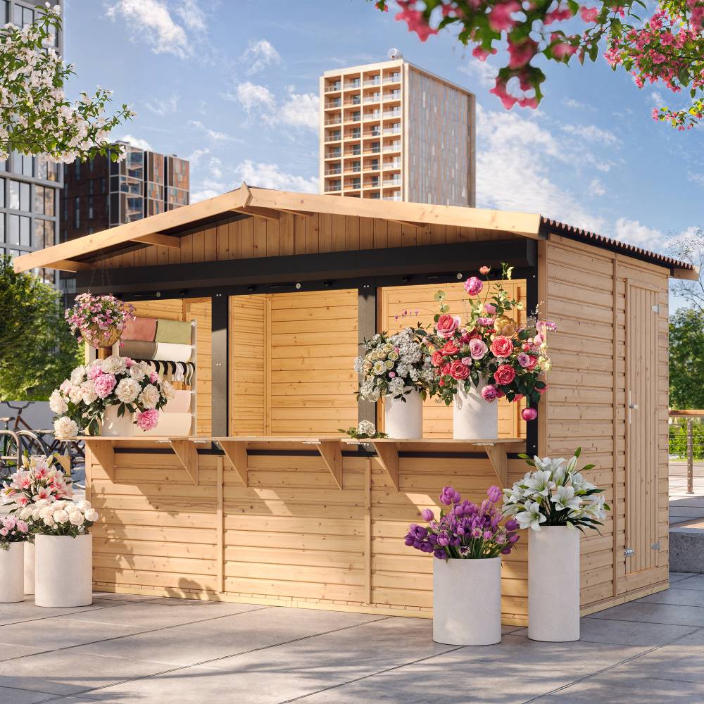 Timbela - Maison de jardin en bois 263 x 336 cm / 6 m² - Étal de marché en bois avec comptoir - Bar jardin - 17 mm d’épaisseur - Timbela M150AZ - Image 1