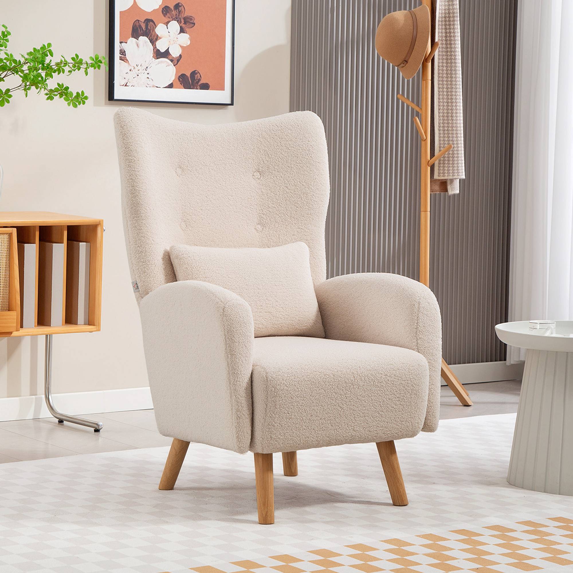 Fauteuil d'appoint, fauteuil capitonné avec revêtement moelleux, coussin en mousse, fauteuil à oreilles, beige - Image 3
