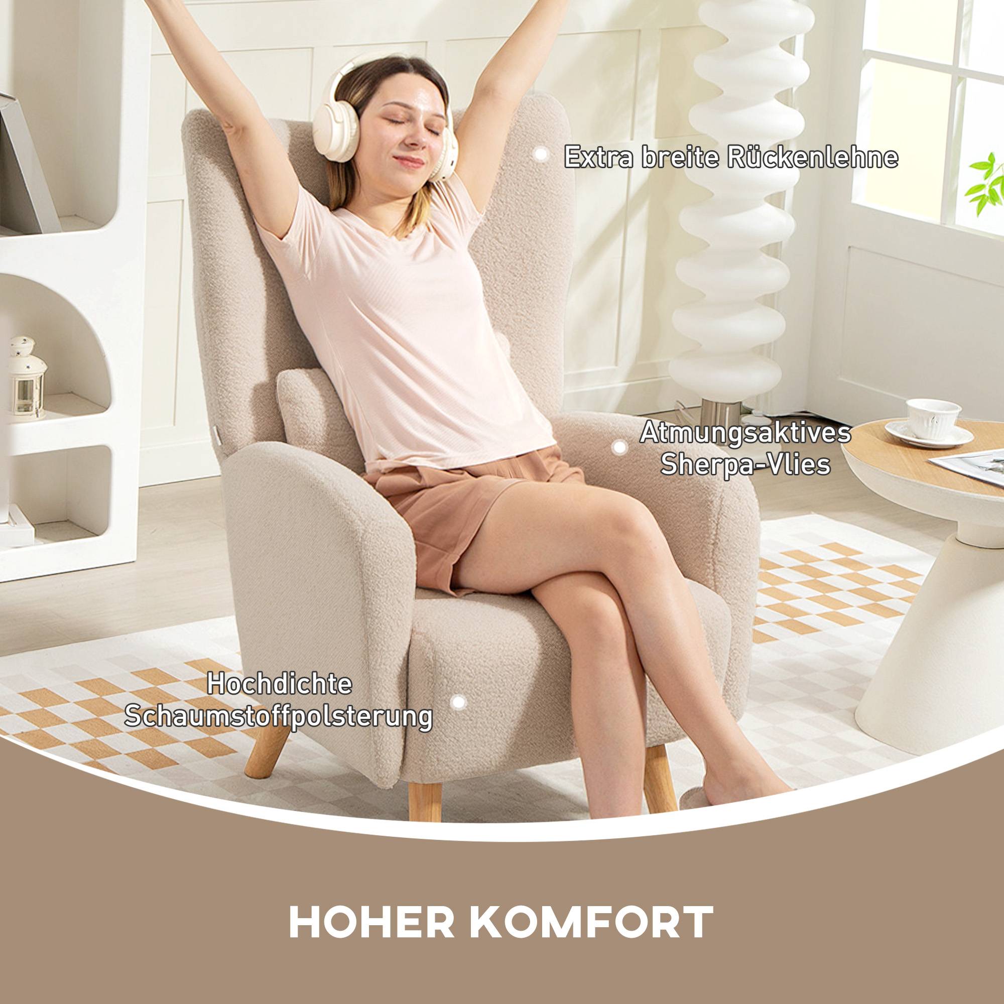Fauteuil d'appoint, fauteuil capitonné avec revêtement moelleux, coussin en mousse, fauteuil à oreilles, beige - Image 6