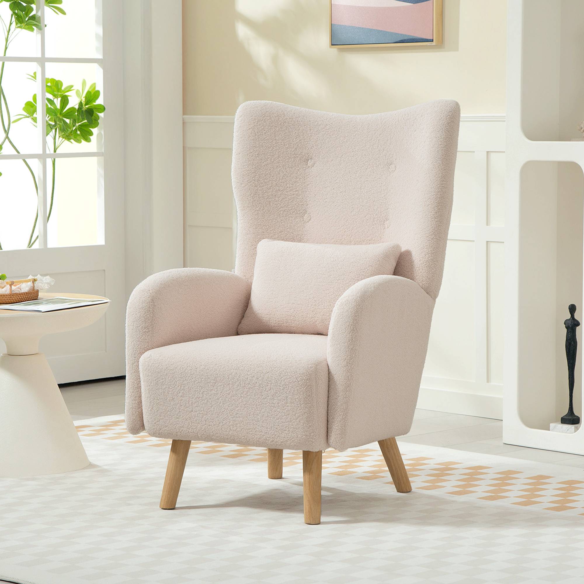 Fauteuil d'appoint, fauteuil capitonné avec revêtement moelleux, coussin en mousse, fauteuil à oreilles, beige - Image 4
