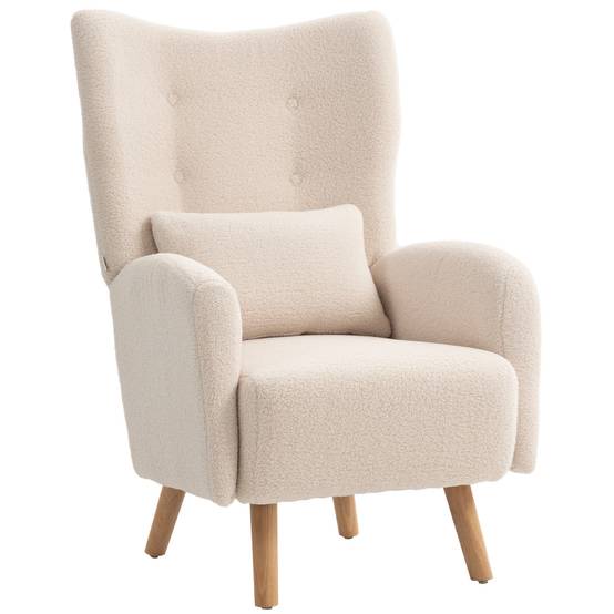 Fauteuil d'appoint, fauteuil capitonné avec revêtement moelleux, coussin en mousse, fauteuil à oreilles, beige - Image 1