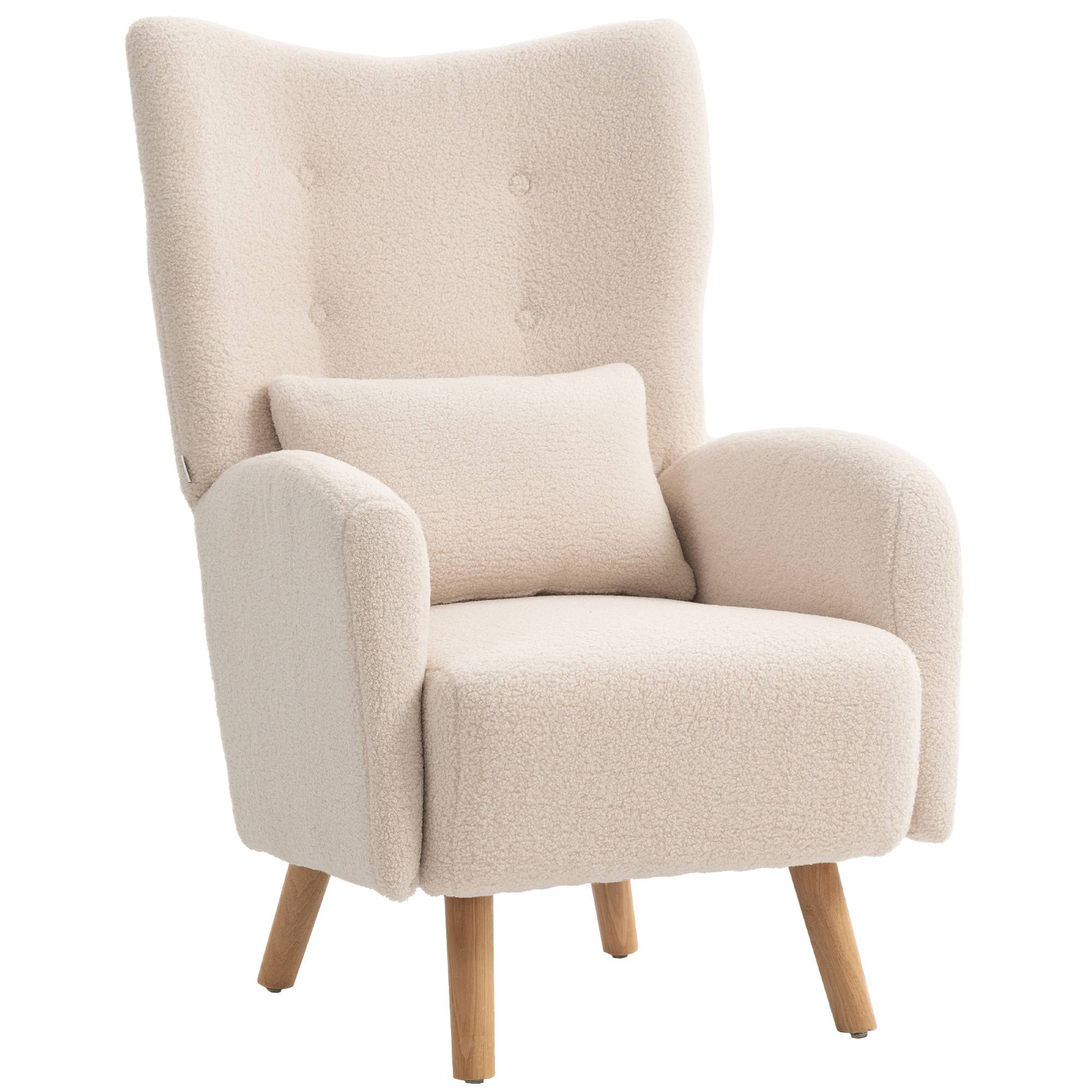 Fauteuil d'appoint, fauteuil capitonné avec revêtement moelleux, coussin en mousse, fauteuil à oreilles, beige - Image 1
