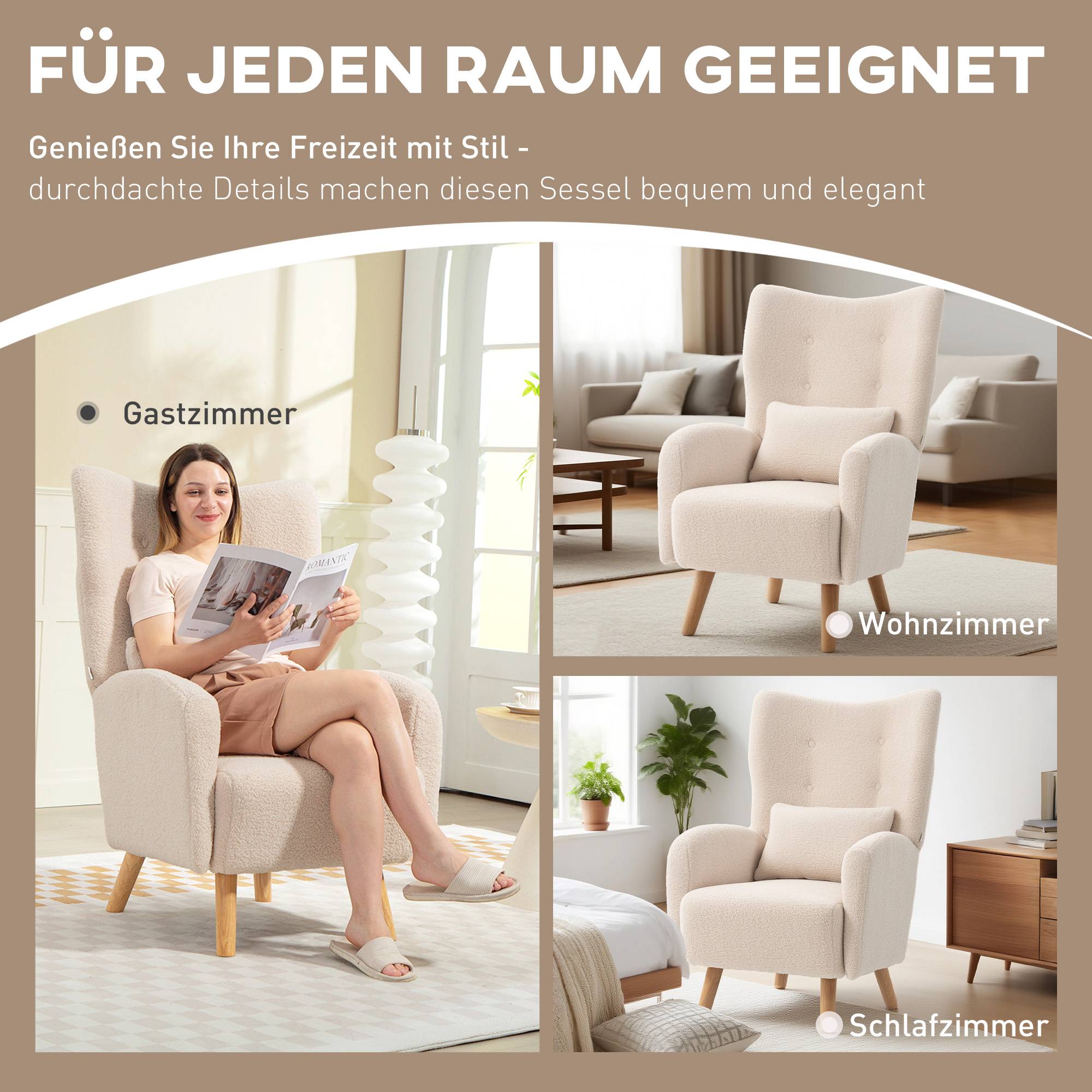 Fauteuil d'appoint, fauteuil capitonné avec revêtement moelleux, coussin en mousse, fauteuil à oreilles, beige - Image 8