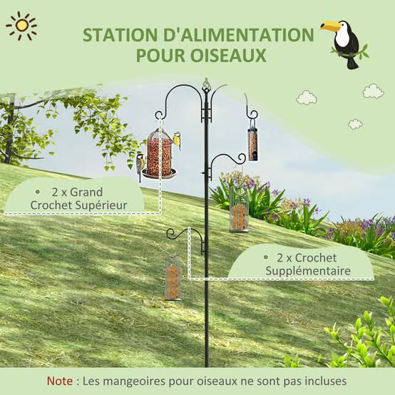 Station d'alimentation décorative pour oiseaux sauvages avec 4 crochets, 54,5x54,5x208 cm, noir - Image 6