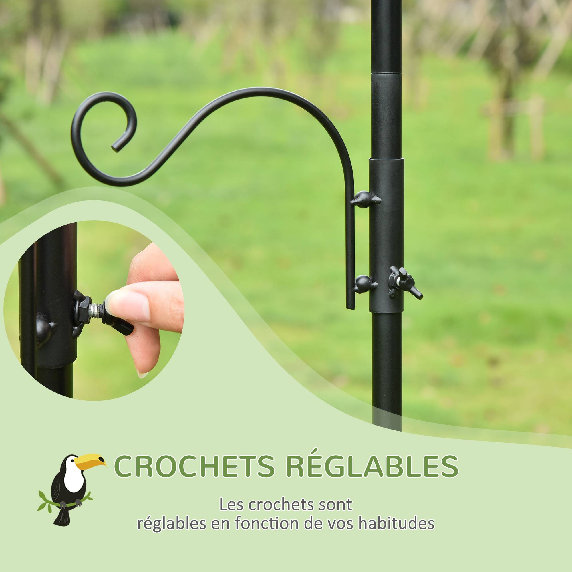 Station d'alimentation décorative pour oiseaux sauvages avec 4 crochets, 54,5x54,5x208 cm, noir - Image 7