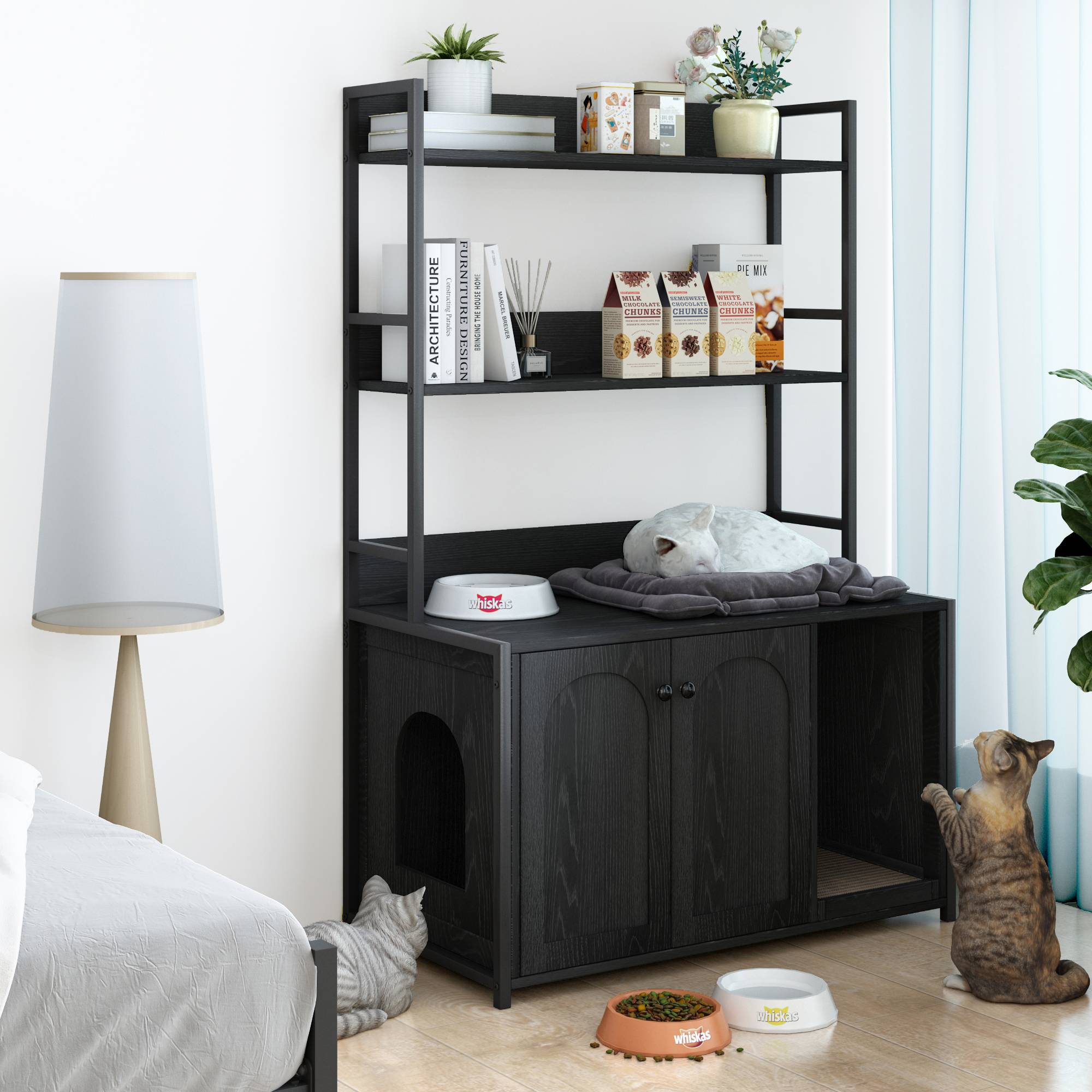 Meuble Cache Litière pour Chat Bois et Métal Maison de Toilette avec Étagères de Rangement Noir - ComfortXL Outdoor Living