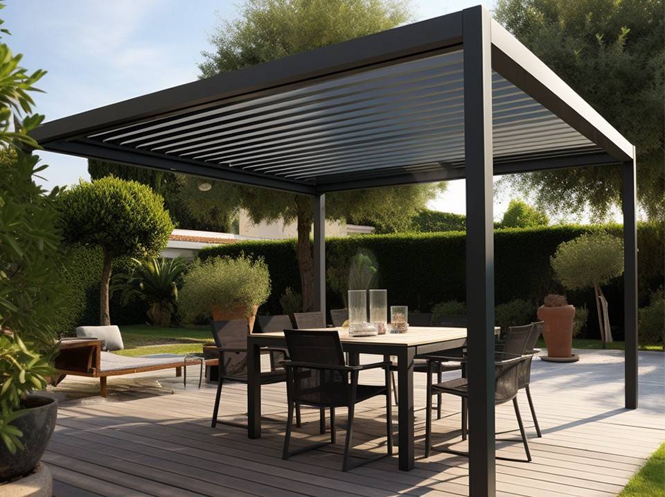 Pergola Bioclimatique Aluminium Autoportée 12m² - 3x4m Deux Stores - Anthracite - 25 Lames Inclinables 120 degrés - ECLIPSE - Imagen 9