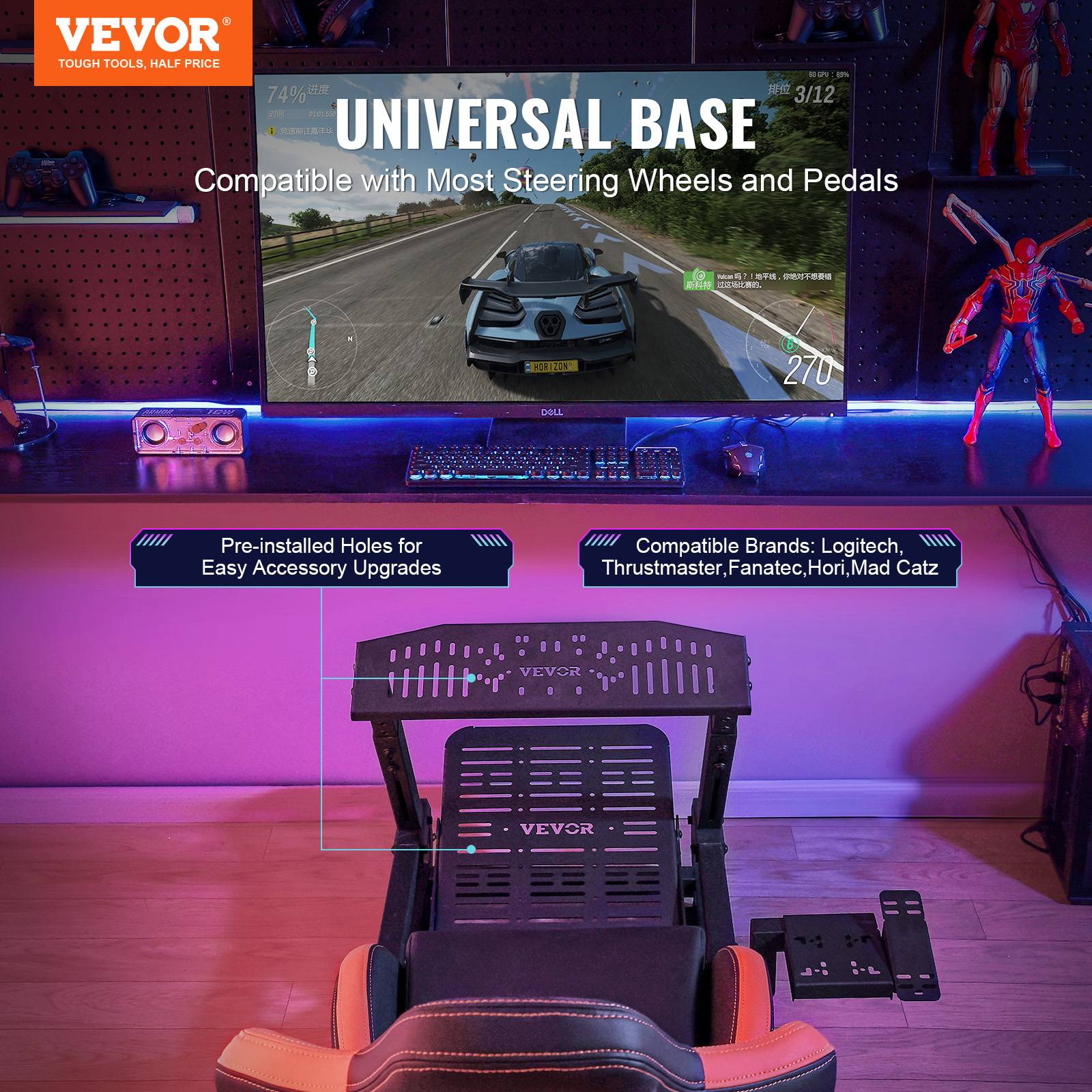 VEVOR Support volant de course avec roues, cockpit acier robuste charge 150kg, réglable, pour Logitech G/Thrustmaster. - Image 2
