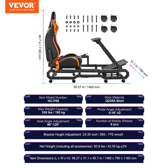 VEVOR Support volant de course avec roues, cockpit acier robuste charge 150kg, réglable, pour Logitech G/Thrustmaster. - Image 7