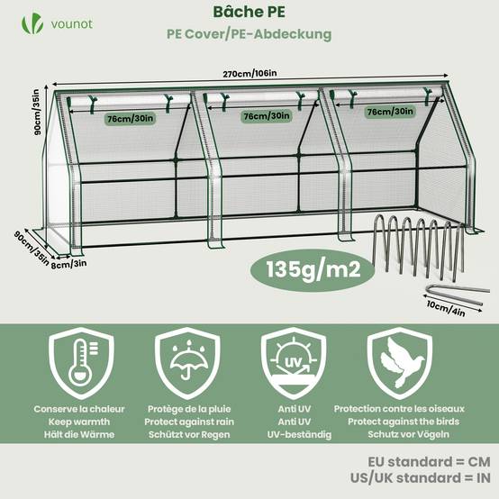 Mini Serre de jardin avec 3 portes enroulables bache PE renforcee 135g/m2 270x90x90cm Blanc - Image 3