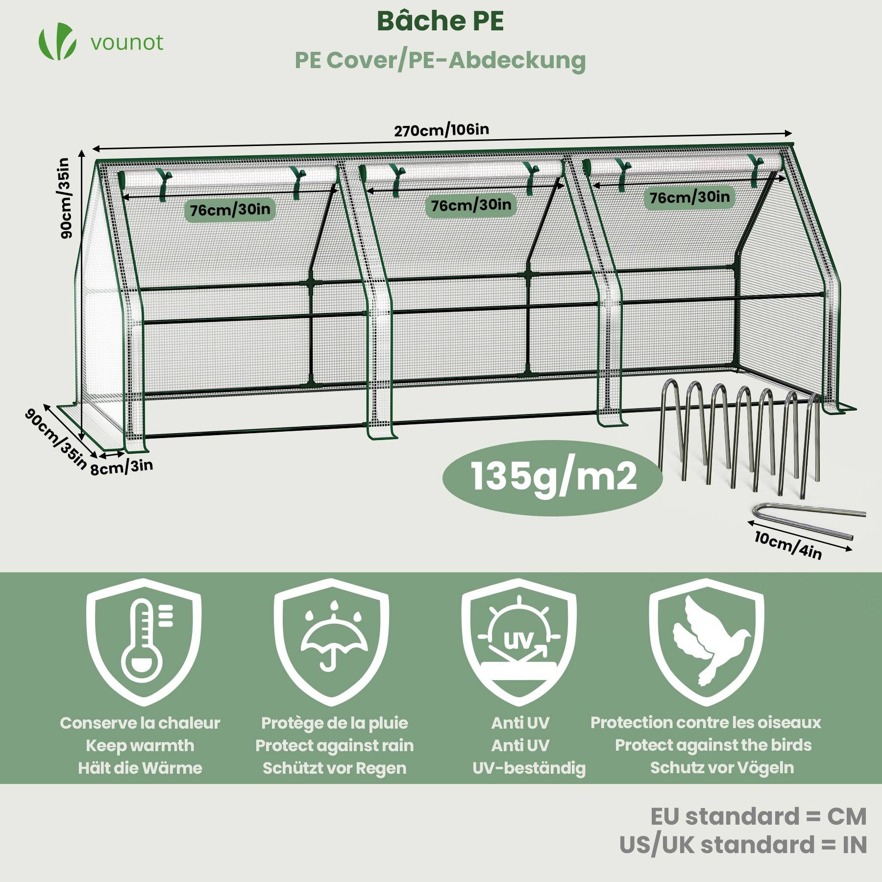 Mini Serre de jardin avec 3 portes enroulables bache PE renforcee 135g/m2 270x90x90cm Blanc - Image 3