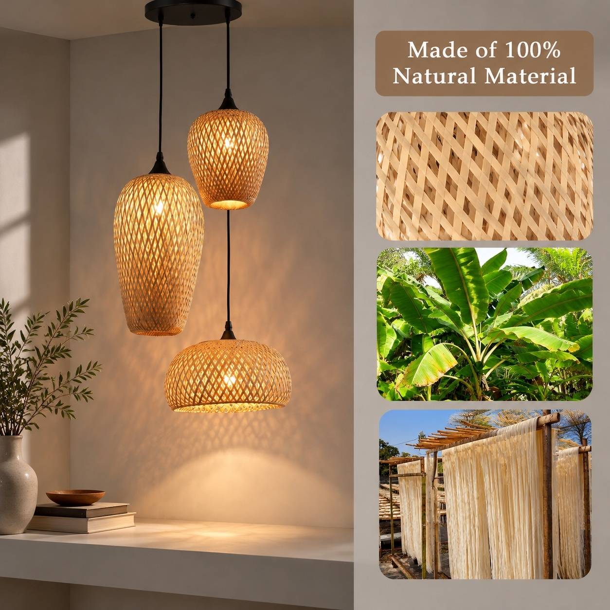 Suspension Luminaire Tressée Main 3 Ampoules Décorative Tissu Naturel - Image 6