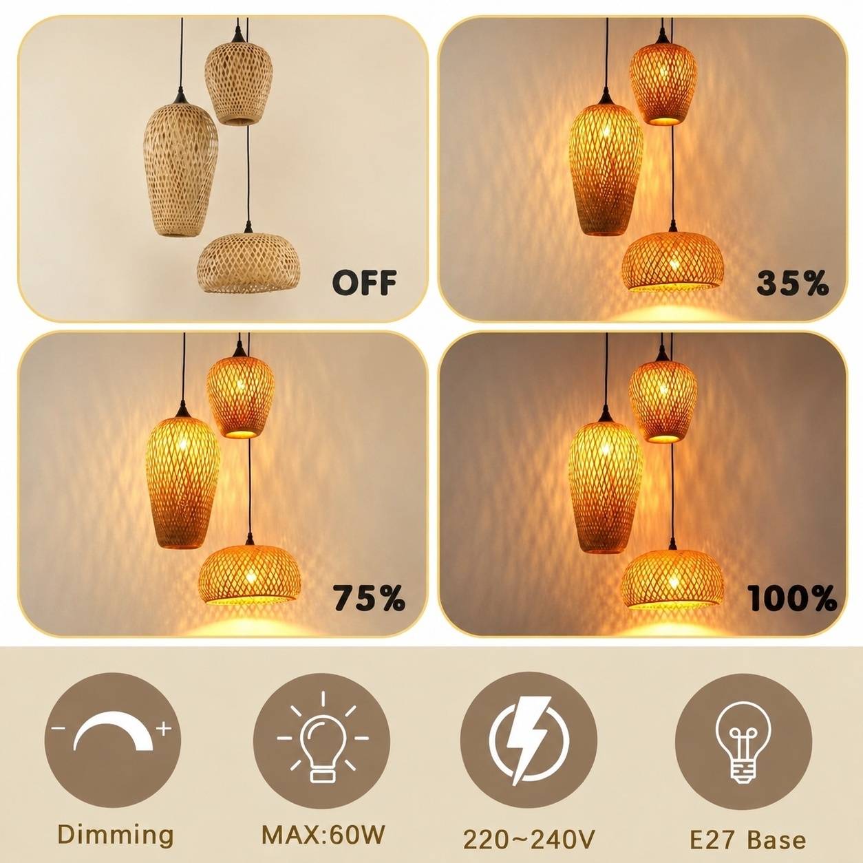 Suspension Luminaire Tressée Main 3 Ampoules Décorative Tissu Naturel - Image 5
