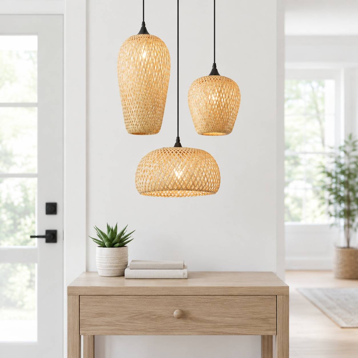 Suspension Luminaire Tressée Main 3 Ampoules Décorative Tissu Naturel - Image 9
