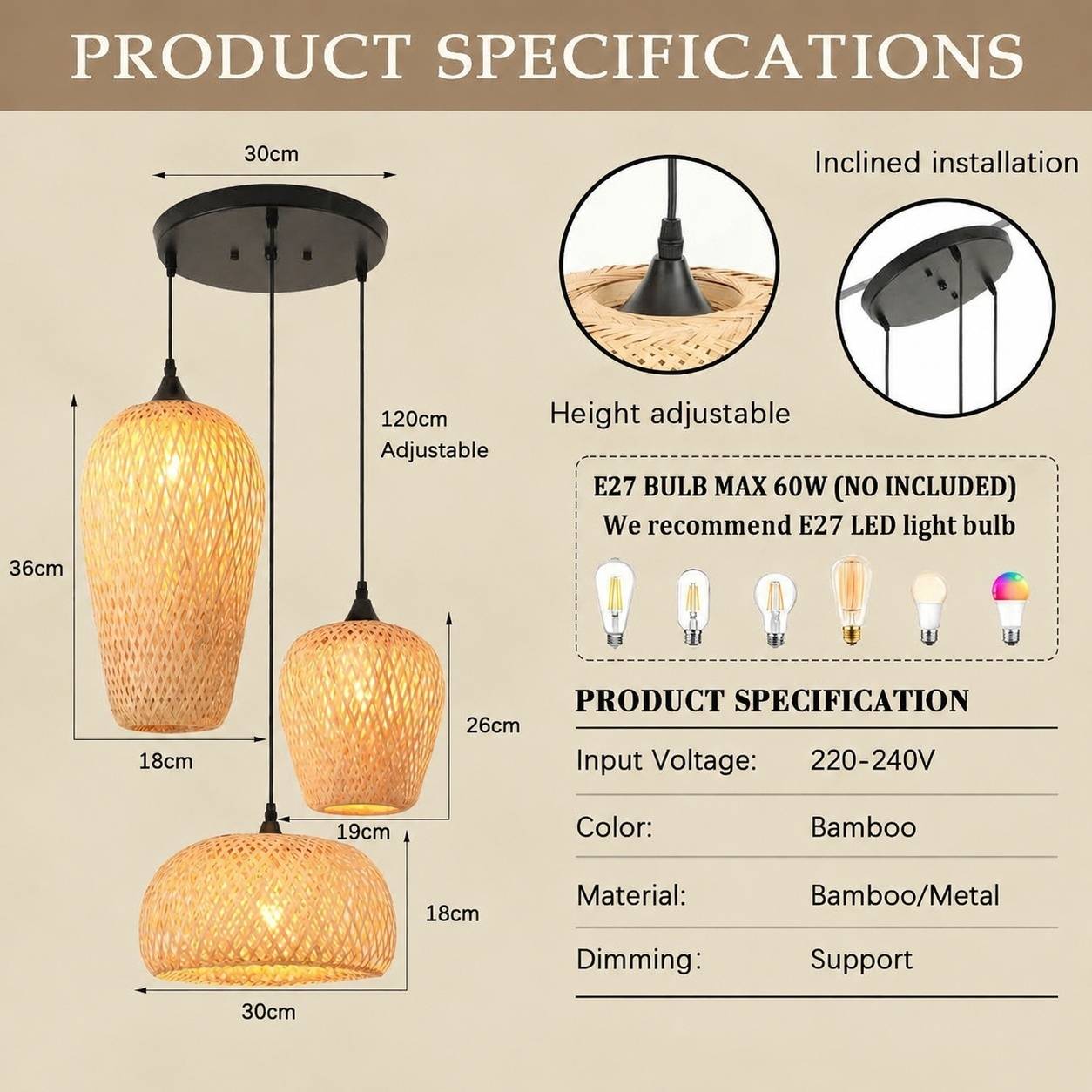 Suspension Luminaire Tressée Main 3 Ampoules Décorative Tissu Naturel - Image 3
