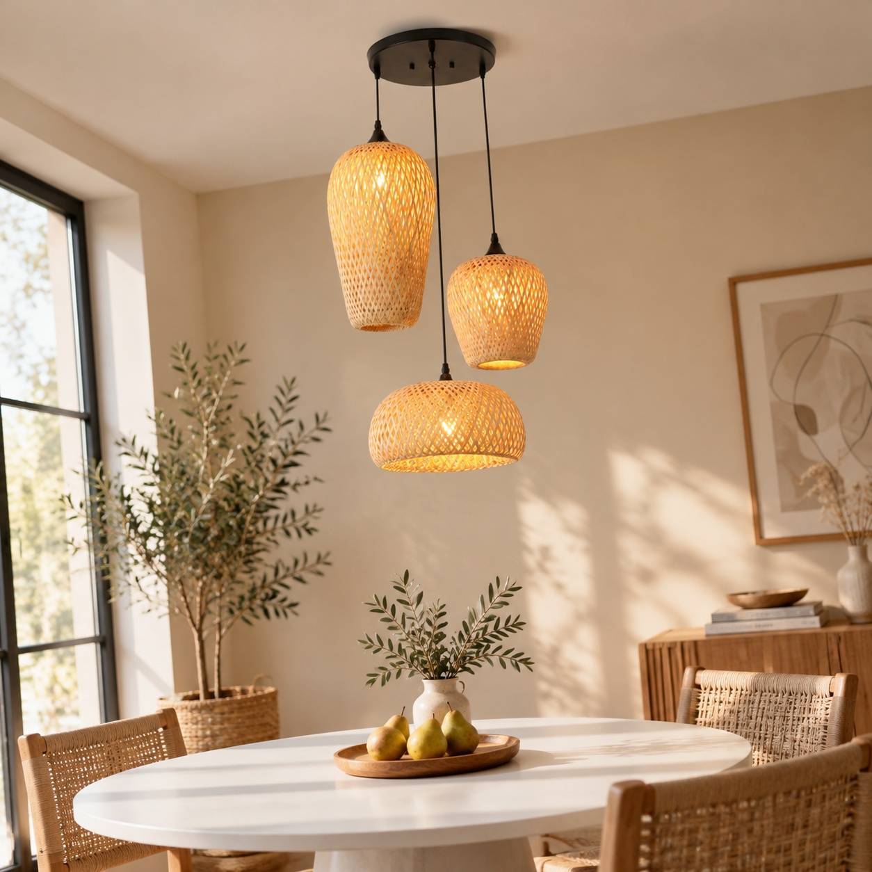 Suspension Luminaire Tressée Main 3 Ampoules Décorative Tissu Naturel - Image 8