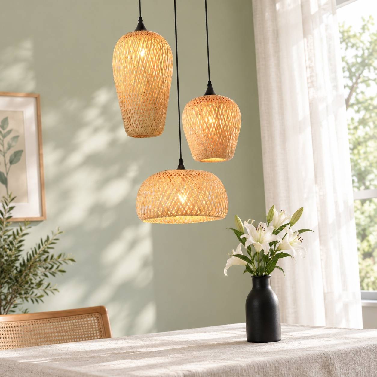 Suspension Luminaire Tressée Main 3 Ampoules Décorative Tissu Naturel - Image 2