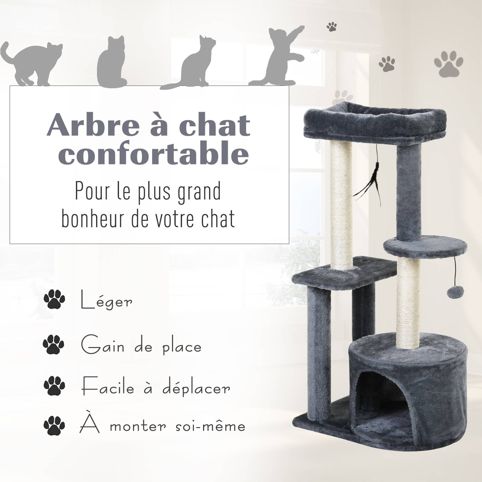 Pawhut - Arbre à chats avec griffoirs grattoirs sisal naturel centre d'activités niche plateformes 2 jouets suspendus gris - Imagen 5
