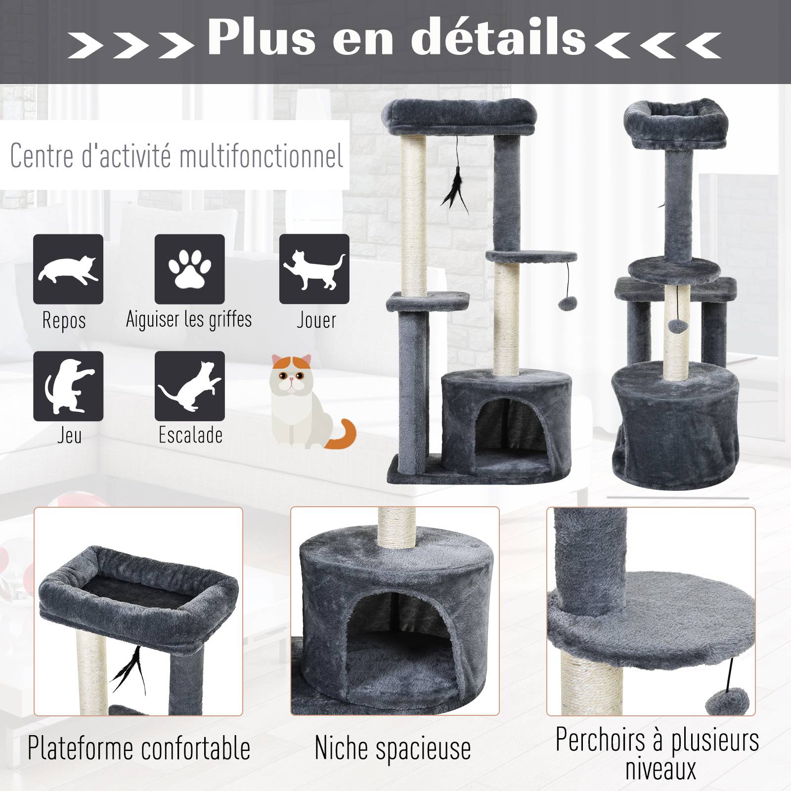 Pawhut - Arbre à chats avec griffoirs grattoirs sisal naturel centre d'activités niche plateformes 2 jouets suspendus gris - Imagen 4