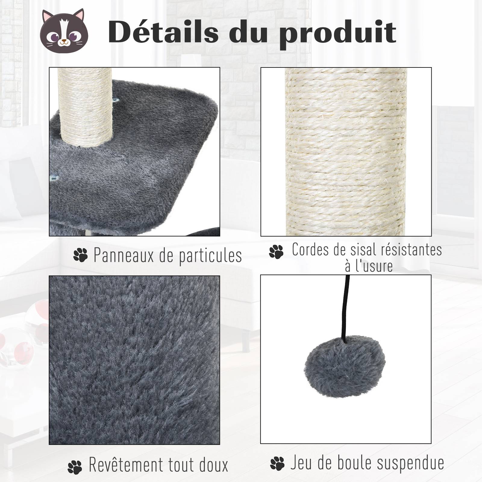 Pawhut - Arbre à chats avec griffoirs grattoirs sisal naturel centre d'activités niche plateformes 2 jouets suspendus gris - Imagen 6