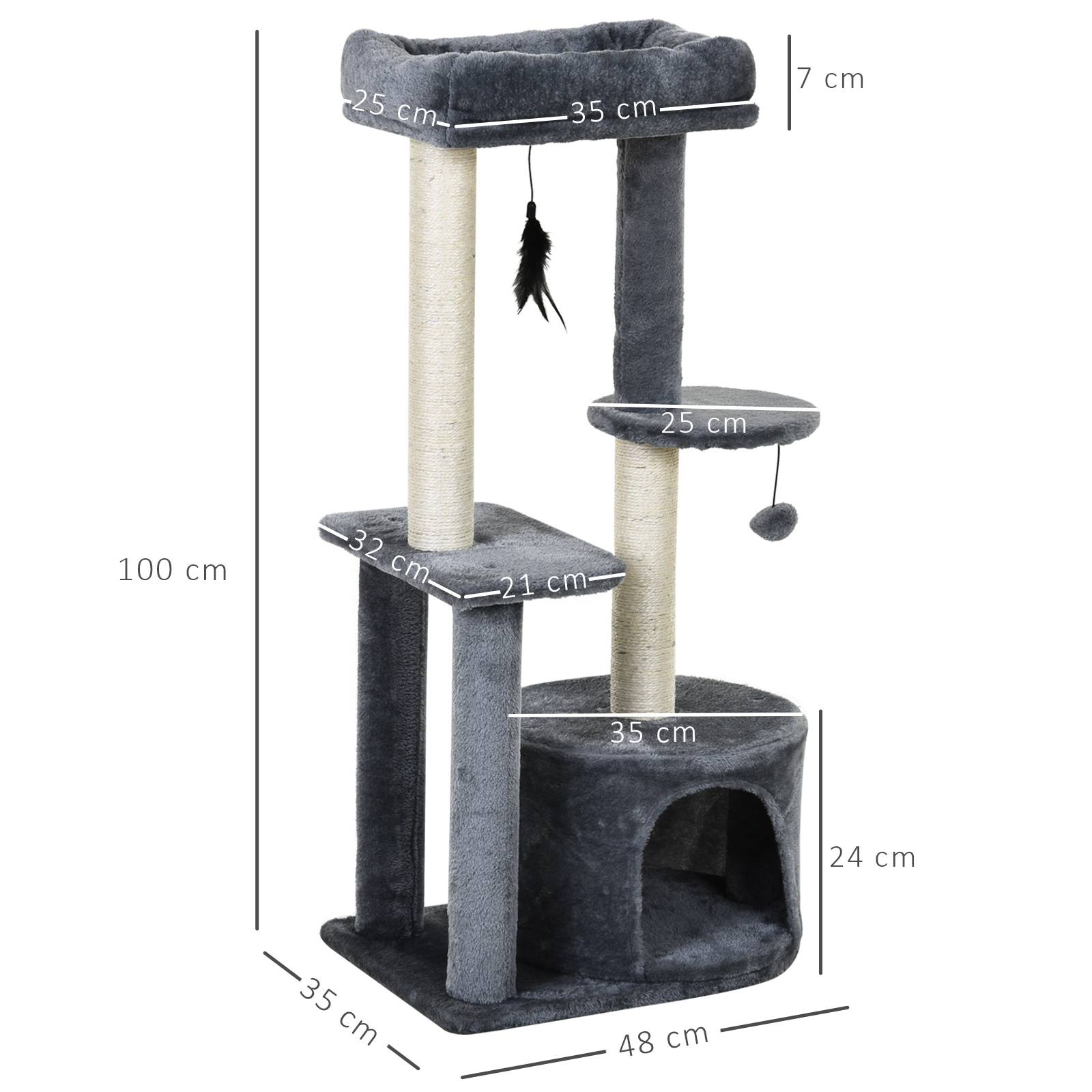 Pawhut - Arbre à chats avec griffoirs grattoirs sisal naturel centre d'activités niche plateformes 2 jouets suspendus gris - Imagen 3