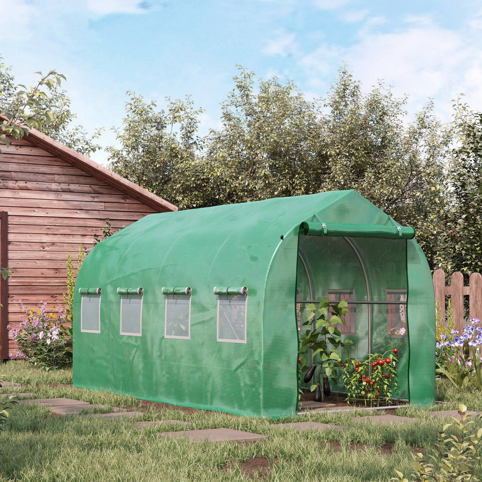 Serre tunnel de 4 x 2 x 2 m avec 8 fenêtres grillagées et une porte, idéale pour un potager sur une terrasse ou dans un jardin. - Image 4