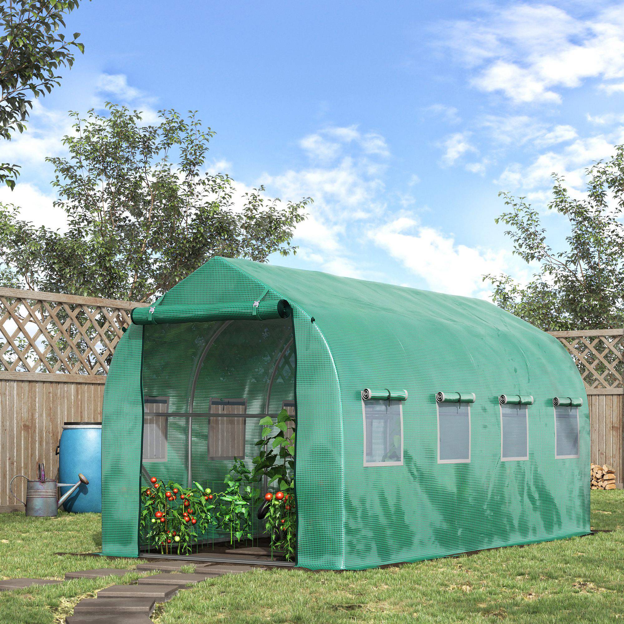 Serre tunnel de 4 x 2 x 2 m avec 8 fenêtres grillagées et une porte, idéale pour un potager sur une terrasse ou dans un jardin. - Image 3
