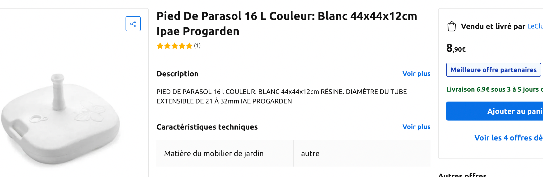 Importdistrib - Pied De Parasol 16 L Couleur: Blanc 44x44x12cm Ipae Progarden IMPORTDISTRIB - Imagen 3